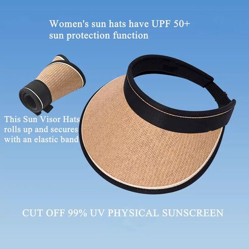 Sun Visor Hats for Women Wide Brim Straw Beach Hat Summer Packable Ponytail Hats for Women Travel UPF 50+ in Saudi Arabia