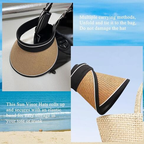 Sun Visor Hats for Women Wide Brim Straw Beach Hat Summer Packable Ponytail Hats for Women Travel UPF 50+ in Saudi Arabia