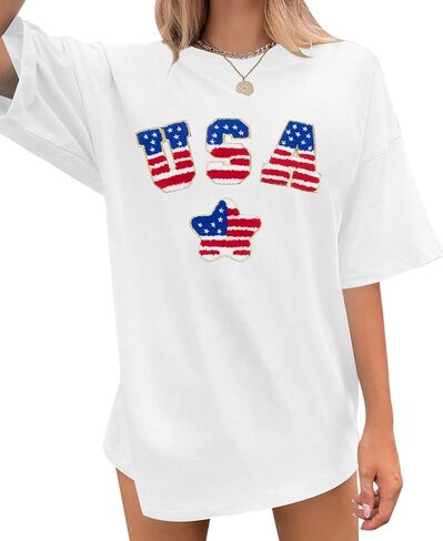 قميص الولايات المتحدة الأمريكية كبير الحجم تي شيرت وطني - قمصان نسائية ذات علم أمريكي 4th من يوليو تي شيرت يوم الاستقلال تي شيرت غير رسمي in Kuwait