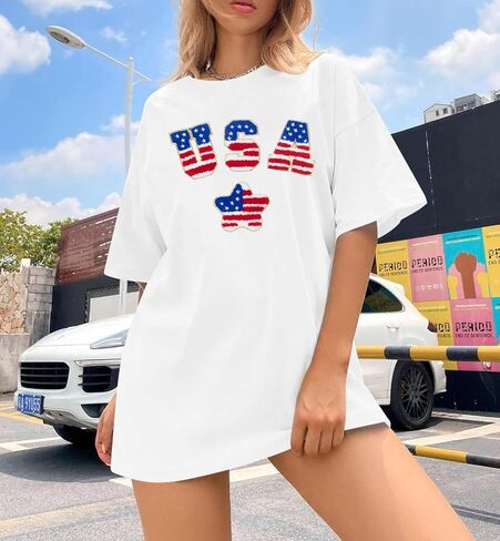 قميص الولايات المتحدة الأمريكية كبير الحجم تي شيرت وطني - قمصان نسائية ذات علم أمريكي 4th من يوليو تي شيرت يوم الاستقلال تي شيرت غير رسمي in Kuwait