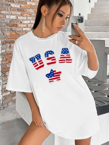 قميص الولايات المتحدة الأمريكية كبير الحجم تي شيرت وطني - قمصان نسائية ذات علم أمريكي 4th من يوليو تي شيرت يوم الاستقلال تي شيرت غير رسمي in Kuwait