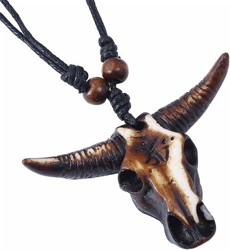 Western Cowboy Necklace for Men Women Leather Necktie Rope Cord Pendant Necklace Braided Tribal Necklace Bohemian Ox Head Shape Cow Animal Pendant Necklaces Vintage Bull Head Ethnic Necklace Vacation Beach Statement Jewelry in Saudi Arabia