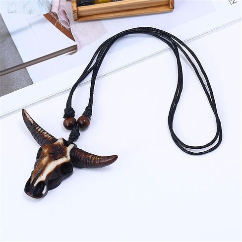 Western Cowboy Necklace for Men Women Leather Necktie Rope Cord Pendant Necklace Braided Tribal Necklace Bohemian Ox Head Shape Cow Animal Pendant Necklaces Vintage Bull Head Ethnic Necklace Vacation Beach Statement Jewelry in Saudi Arabia