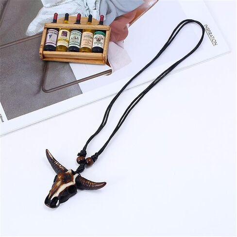 Western Cowboy Necklace for Men Women Leather Necktie Rope Cord Pendant Necklace Braided Tribal Necklace Bohemian Ox Head Shape Cow Animal Pendant Necklaces Vintage Bull Head Ethnic Necklace Vacation Beach Statement Jewelry in Saudi Arabia