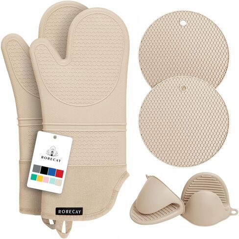 Rorecay Extra Long Oven Mitts and Pot Holders Sets: Heat Resistant Silicone Oven Mittens with Mini Oven Gloves Hot Pads Potholders for Kitchen Baking Cooking, Quilted Liner, Pack of 6 (Bermuda Teal) in Kuwait