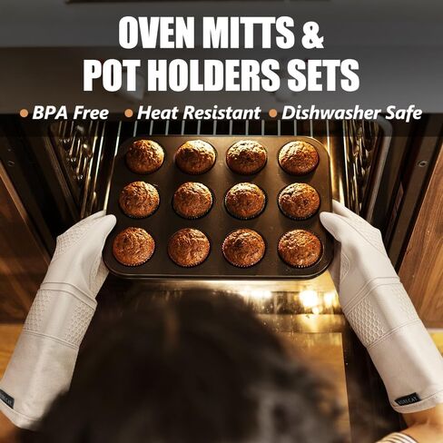 Rorecay Extra Long Oven Mitts and Pot Holders Sets: Heat Resistant Silicone Oven Mittens with Mini Oven Gloves Hot Pads Potholders for Kitchen Baking Cooking, Quilted Liner, Pack of 6 (Bermuda Teal) in Kuwait