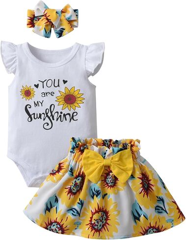 Derouetkia Baby Girl Clothes Summer Ruffle Sleeve Romper Skirt Headband Infant Girls Outfits Sets in Saudi Arabia