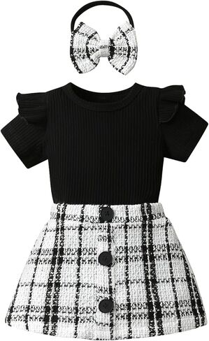 Derouetkia Baby Girl Clothes Summer Ruffle Sleeve Romper Skirt Headband Infant Girls Outfits Sets in Kuwait