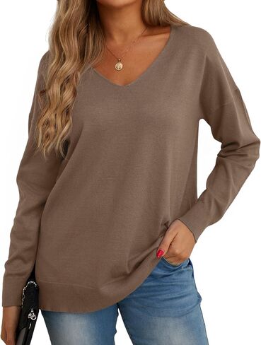 GRECERELLE Women's V-Neck Long Sleeve Side Split Loose Casual Knit Pullover Sweater Blouse in Saudi Arabia