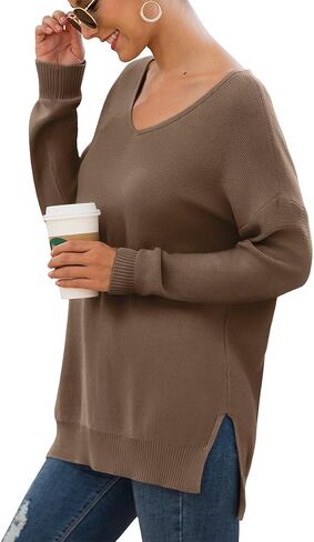 GRECERELLE Women's V-Neck Long Sleeve Side Split Loose Casual Knit Pullover Sweater Blouse in Saudi Arabia