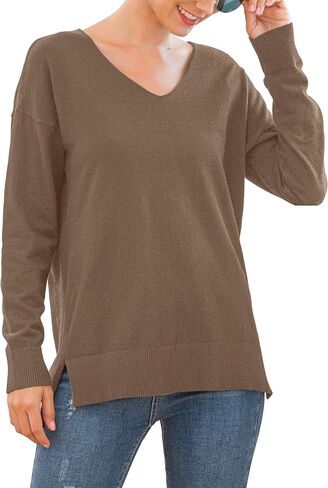 GRECERELLE Women's V-Neck Long Sleeve Side Split Loose Casual Knit Pullover Sweater Blouse in Saudi Arabia