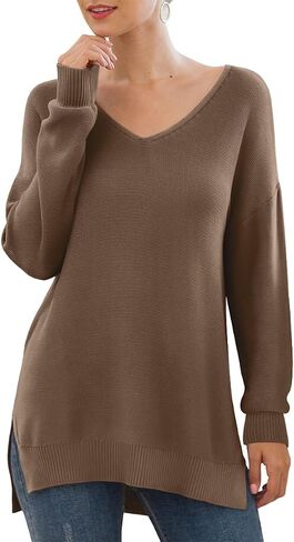 GRECERELLE Women's V-Neck Long Sleeve Side Split Loose Casual Knit Pullover Sweater Blouse in Saudi Arabia