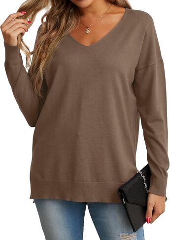 GRECERELLE Women's V-Neck Long Sleeve Side Split Loose Casual Knit Pullover Sweater Blouse in Saudi Arabia