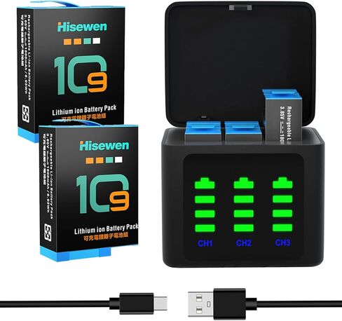 Hisewen 2 حزمة بطارية لـ Hero 11 Black، GoPro Hero 10، GoPro Hero 9، 3-Channel Hero 10 شاحن بطارية لـ GoPro 9/10/11 بطارية AHDBT-901 ADDBD-001 in Kuwait