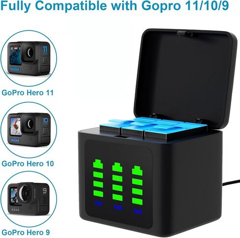 Hisewen 2 حزمة بطارية لـ Hero 11 Black، GoPro Hero 10، GoPro Hero 9، 3-Channel Hero 10 شاحن بطارية لـ GoPro 9/10/11 بطارية AHDBT-901 ADDBD-001 in Kuwait