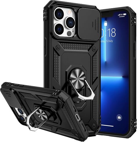 حافظة Goton Armor لهاتف iPhone 13 Pro Max مع حامل مع غطاء كاميرا منزلق ومسند عسكري مقاوم للصدمات شديد التحمل مع حامل مغناطيسي للسيارة لهاتف iPhone 13 Pro Max 6.7 أزرق in Kuwait