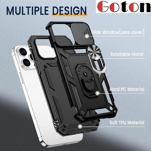 حافظة Goton Armor لهاتف iPhone 13 Pro Max مع حامل مع غطاء كاميرا منزلق ومسند عسكري مقاوم للصدمات شديد التحمل مع حامل مغناطيسي للسيارة لهاتف iPhone 13 Pro Max 6.7 أزرق in Kuwait