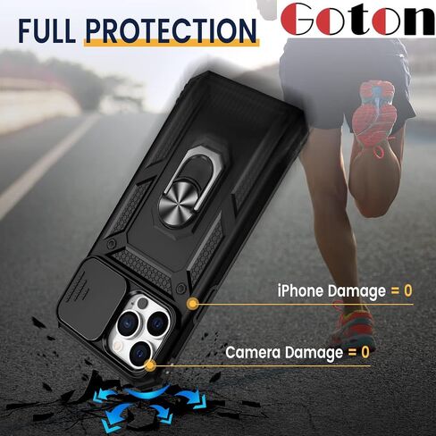حافظة Goton Armor لهاتف iPhone 13 Pro Max مع حامل مع غطاء كاميرا منزلق ومسند عسكري مقاوم للصدمات شديد التحمل مع حامل مغناطيسي للسيارة لهاتف iPhone 13 Pro Max 6.7 أزرق in Kuwait