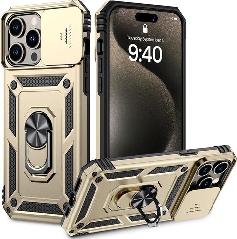 حافظة Goton Armor لهاتف iPhone 13 Pro Max مع حامل مع غطاء كاميرا منزلق ومسند عسكري مقاوم للصدمات شديد التحمل مع حامل مغناطيسي للسيارة لهاتف iPhone 13 Pro Max 6.7 أزرق in Kuwait