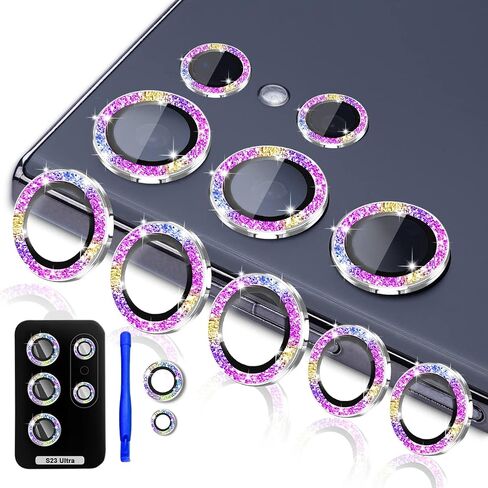 [5+2]TIUYAO Camera Lens Protector for Samsung Galaxy S23 Ultra, Tempered Glass Aluminum Alloy Ring Lens Cover with [Installation Tray] [Removal tool] Fit for Samsung Galaxy S23 Ultra Glitter Colorful in Saudi Arabia