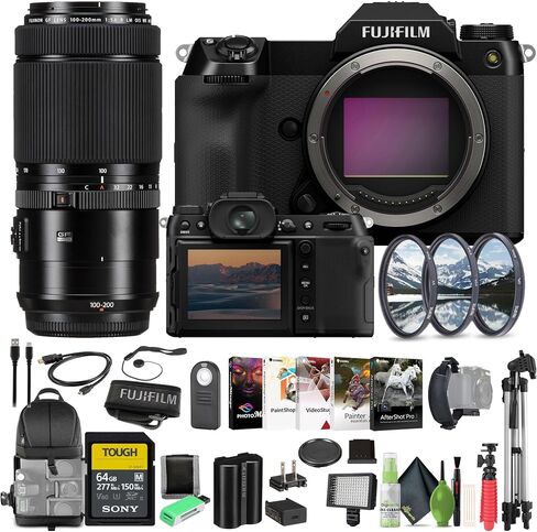 Fujifilm GFX 100S II Mirrorless Medium Format Camera Body Bundle with Fuji GF 100-200mm f/5.6 R LM OIS WR Lens + 64GB SF-M Tough UHS-II SDXC Memory Card + Flexible Vlogging Tripod + More Accessories in Saudi Arabia