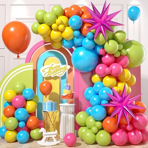 Green Blue Yellow Orange Balloon Arch, Rainbow Balloon Garland with Rose Red Yellow Orange Blue Green Latex Balloons Rose Red Foil Balloons for Birthday Aloha Luau Fiesta Party Decorations in Saudi Arabia