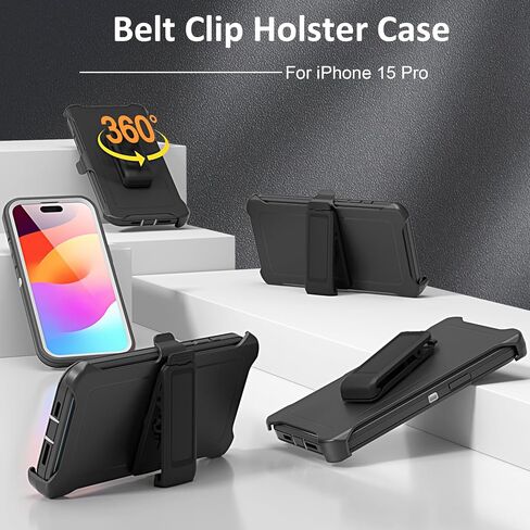 Compatible with iPhone 15 Pro Case, with Belt Clip Holster Heavy Duty Rugged Shockproof Full Body Protection Kickstand Cover for iPhone 15 Pro 6.1 inch Phone (Black) in Saudi Arabia