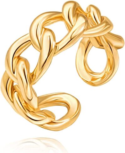 POTESSA 18K Gold Plated Open Rings for Women Wide Band Link Chain Ring Simple Stacking Finger Jewelry Size #4 - #9 in Saudi Arabia