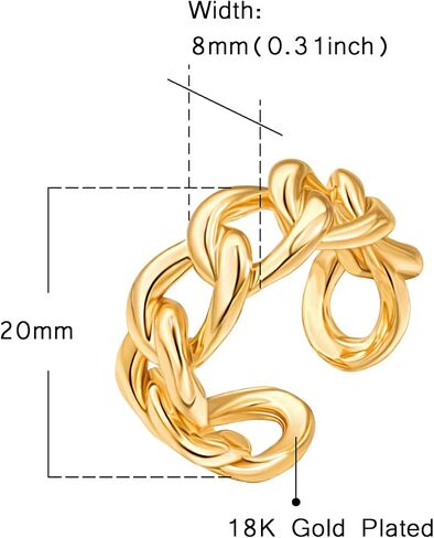 POTESSA 18K Gold Plated Open Rings for Women Wide Band Link Chain Ring Simple Stacking Finger Jewelry Size #4 - #9 in Saudi Arabia