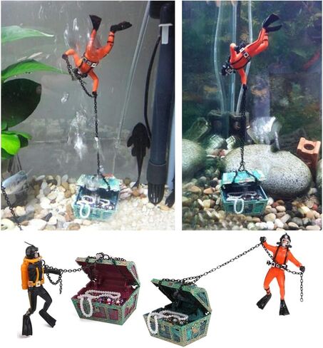 POPETPOP 2pcs Action Aquarium Ornament - Fish Tank Treasure Chest Under Sea Treasure Chest Diver، Live-Action تهوية خزان الأسماك in Saudi Arabia