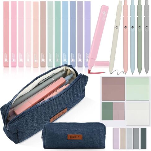 Kisston 24 Pack Aesthetic School Supplies Include Small Pencil Case 12 Pcs Cute Highlighters 5 Pcs Quick Dry Black Ink Gel Pens 6 Pcs Clear Transparent Sticky Notes for Students (Beige) in Saudi Arabia