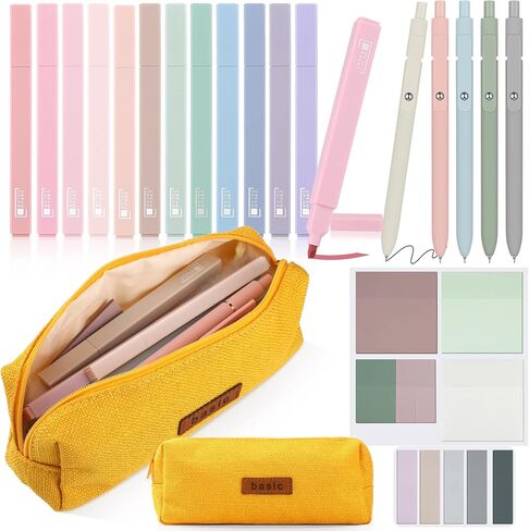 Kisston 24 Pack Aesthetic School Supplies Include Small Pencil Case 12 Pcs Cute Highlighters 5 Pcs Quick Dry Black Ink Gel Pens 6 Pcs Clear Transparent Sticky Notes for Students (Beige) in Saudi Arabia