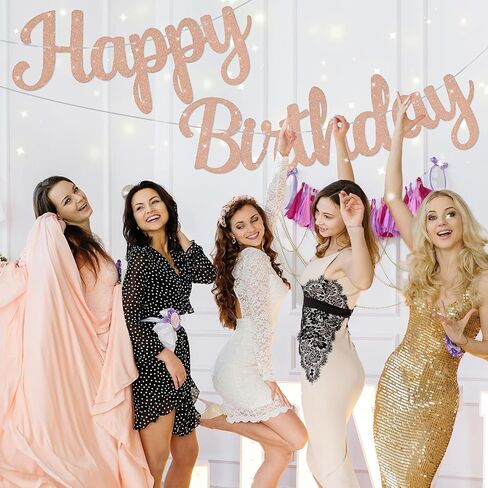 Pre-Strung Happy Birthday Banner No DIY Glitter Pink Happy Birthday Banner for Kids Adults Happy Birthday Sign Birthday Party Decorations Hanging Bunting Garland Backdrop in Saudi Arabia