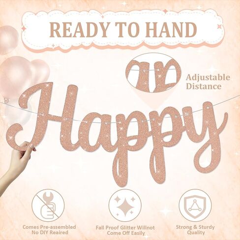 Pre-Strung Happy Birthday Banner No DIY Glitter Pink Happy Birthday Banner for Kids Adults Happy Birthday Sign Birthday Party Decorations Hanging Bunting Garland Backdrop in Saudi Arabia