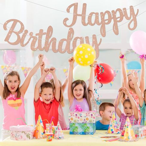 Pre-Strung Happy Birthday Banner No DIY Glitter Pink Happy Birthday Banner for Kids Adults Happy Birthday Sign Birthday Party Decorations Hanging Bunting Garland Backdrop in Saudi Arabia