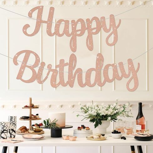 Pre-Strung Happy Birthday Banner No DIY Glitter Pink Happy Birthday Banner for Kids Adults Happy Birthday Sign Birthday Party Decorations Hanging Bunting Garland Backdrop in Saudi Arabia