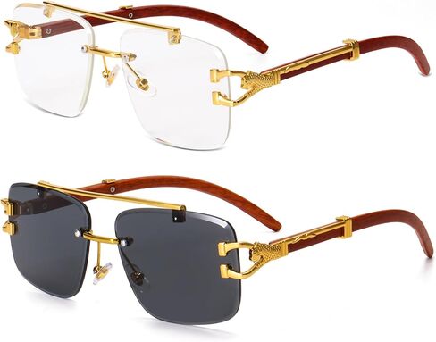 Dollger Rimless Rectangle Sunglasses for Women Men Fashion Hip hop Frameless Designer Shades Wooden Y2K Square Glasses in Saudi Arabia