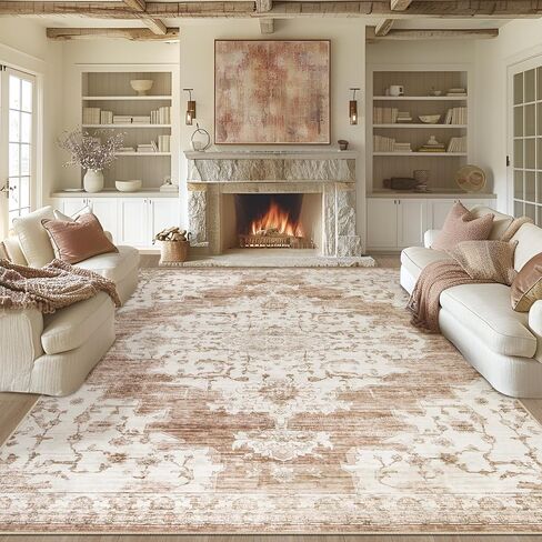 Vintage Washable Area Rugs 2x3: Small Entryway Rug with Non-Slip Backing Low Pile Rugs Soft Indoor Floor Thin Carpet Non Shedding Neutral Carpets for Bedroom Kitchen Laundry Under Dining Table Beige in Saudi Arabia