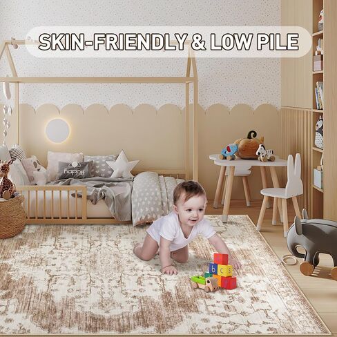 Vintage Washable Area Rugs 2x3: Small Entryway Rug with Non-Slip Backing Low Pile Rugs Soft Indoor Floor Thin Carpet Non Shedding Neutral Carpets for Bedroom Kitchen Laundry Under Dining Table Beige in Saudi Arabia
