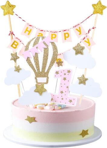 1st Boy Birthday Cake Topper Set Glitter Happy Birthday Cake Banner Flag First Birthday Cake Topper with Hot Air Balloon Clouds Stars for Baby Shower Boy s Birthday Party Supplies - Blue in Saudi Arabia
