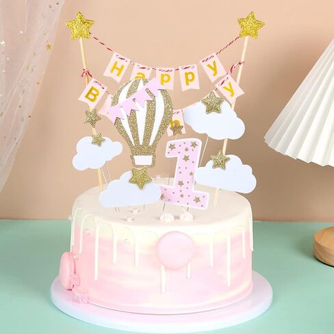 1st Boy Birthday Cake Topper Set Glitter Happy Birthday Cake Banner Flag First Birthday Cake Topper with Hot Air Balloon Clouds Stars for Baby Shower Boy s Birthday Party Supplies - Blue in Saudi Arabia