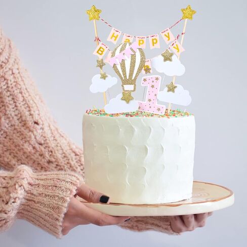 1st Boy Birthday Cake Topper Set Glitter Happy Birthday Cake Banner Flag First Birthday Cake Topper with Hot Air Balloon Clouds Stars for Baby Shower Boy s Birthday Party Supplies - Blue in Saudi Arabia