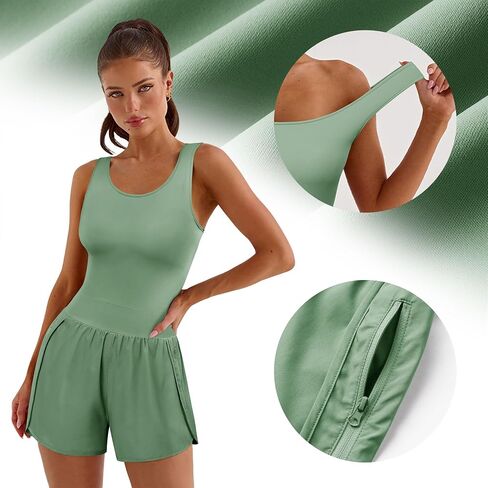 Nlife Womens Athletic Tank Tops Built in Bra Jumpsuits Running Onesie Gym Shorts Rompers with Zip Pockets One Piece Outfits in Saudi Arabia
