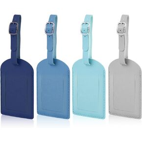 4pcs Leather Luggage Label Tag, Suitcase Tags Baggage ID Labels Tags Address Travel Bag Tags Bulk with Adjustable Strap Privacy Cover for Travelling (Dark Blue, Haze Blue, Light Blue, Gray)