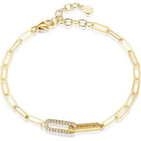 Amazon Collection 18 Karat Yellow Gold Over Sterling Silver Oblong Link Paperclip Bracelet with Cubic Zirconia Accent, 6 3/4 Inch with 1 1/14 Inch Extender