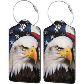 American Flag Eagles Leather Luggage Tag with Stainless Steel Ring, Fun Name Id Card Cover Travel Bag Tag Set, Suitable for Travel Bag Luggage Women Men 1 PCS