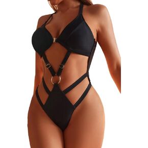 Women's Solid Ring Linked High Cut Out Backless One Piece Swimsuit Y2K Bathing Suits Swimwear Beachwear