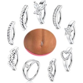 JeryWe 9 Pcs 14G Clicker Belly Button Rings for Women Gold Silver Surgical Steel Belly Rings Belly Piercing Curved Reverse Navel Small Hoop Belly Button Rings Body Piercing Jewelry 10/12MM