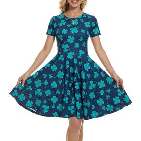 Ainuno St Patricks Day Dresses for Women Shamrock Dress Green Irish Outfits Short Sleeve Clover Dress