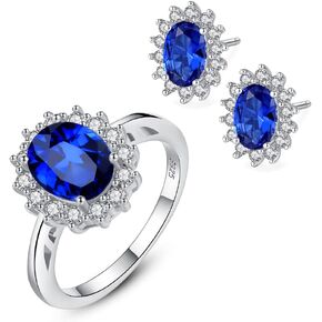925 Sterling Silver CZ Halo Simulated Sapphire Ring and Earrings for Women, Cubic Zirconia Nano Blue Gemstone Band and Stud Costume Jewelry Set with Gift Box